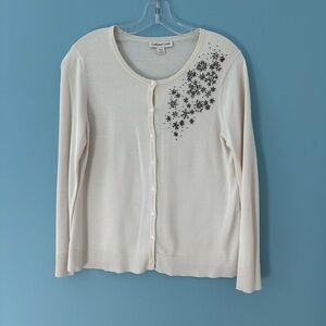 Coldwater Creek Cream Cardigan with Grey Snowflake Bead Accents